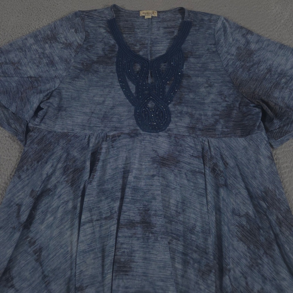 One World Top Womens 1X Blue Multi Tie Dye Beaded Embroidered Empire Waist Boho